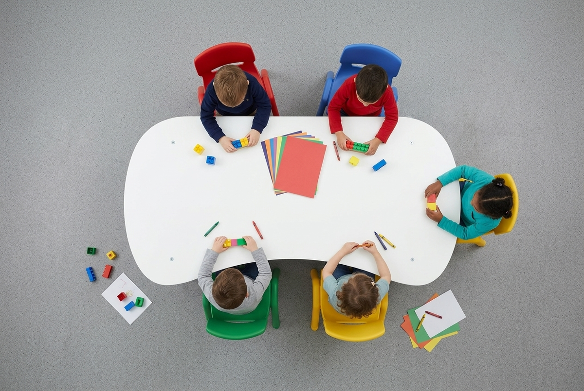 Table BUTTERFLY pour écoles et collectivités - design WAND & édition IMPACT FURNITURE - upcycling de panneaux multiplex des stocks de OXFAM
