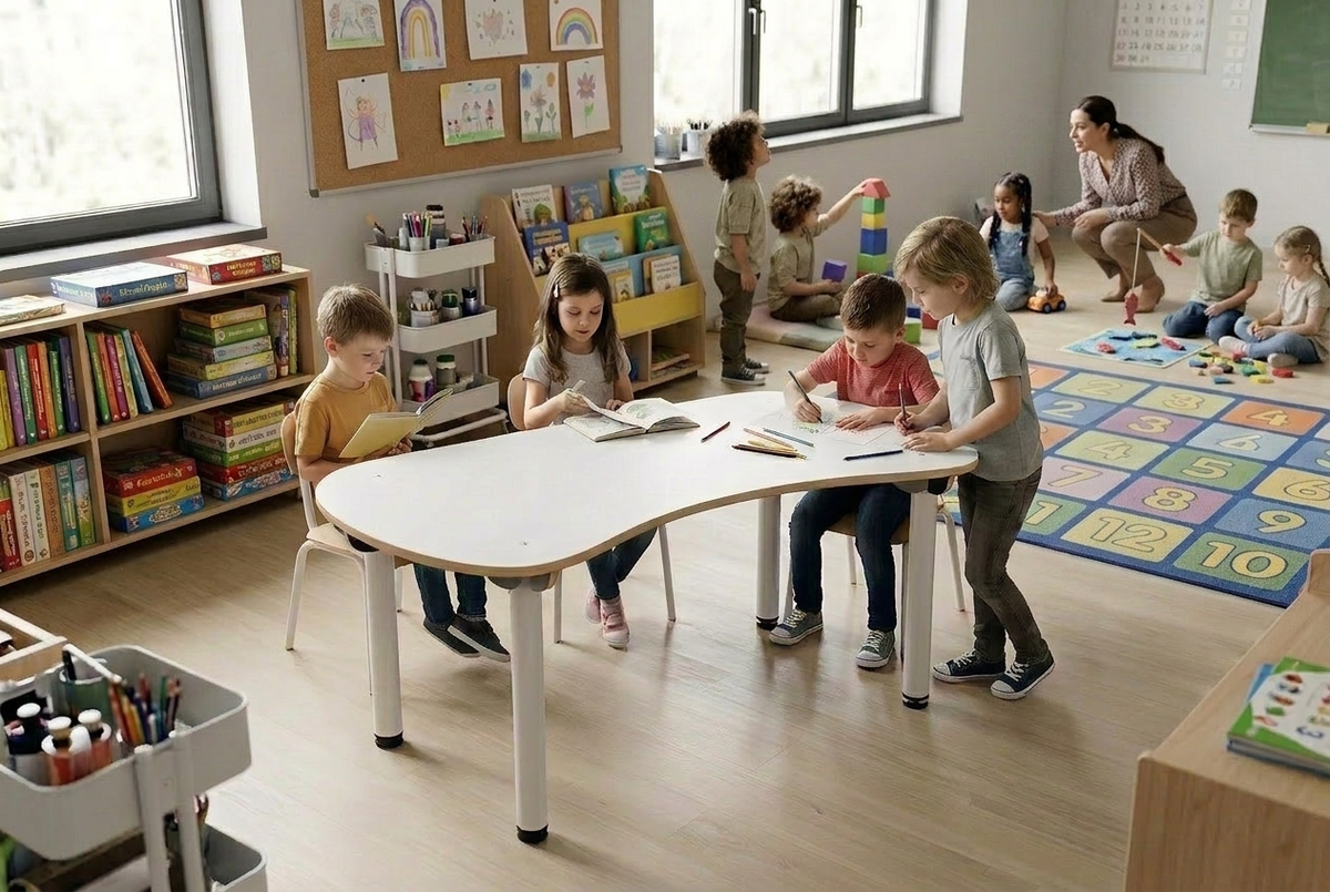 Table BUTTERFLY pour écoles et collectivités - design WAND & édition IMPACT FURNITURE - upcycling de panneaux multiplex des stocks de OXFAM