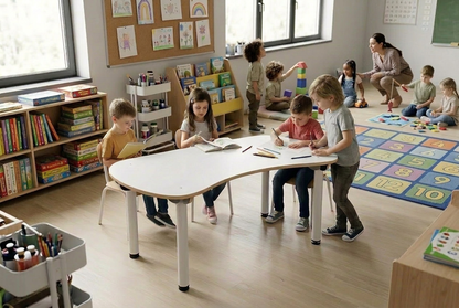 Table BUTTERFLY pour écoles et collectivités - design WAND & édition IMPACT FURNITURE - upcycling de panneaux multiplex des stocks de OXFAM